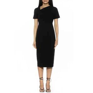 MAGGY LONDON Black Asymmetrical Neck Stretch Crepe Midi Sheath Dress P1945
